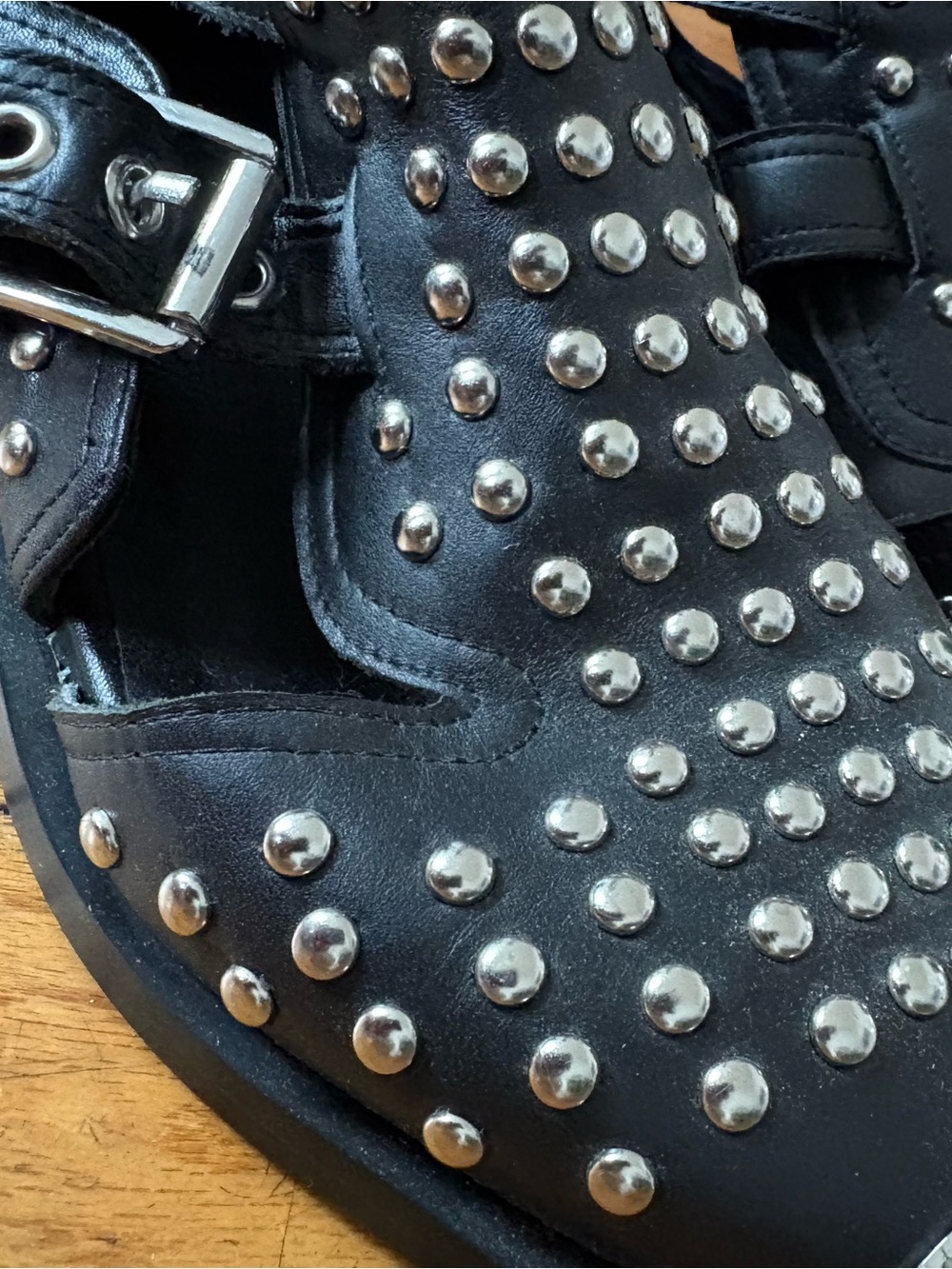 Studded Black Leather Pointed Toe Buckle Boots - Picture 6 of 6